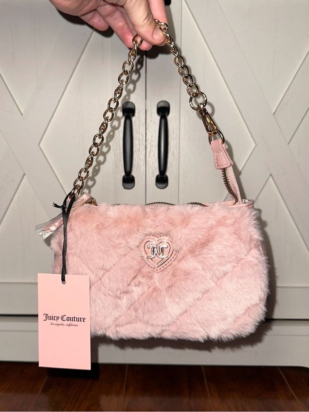 Juicy Couture Get Cozy Mini Wristlet Purse in Dusty Blush Faux Fur with Heart